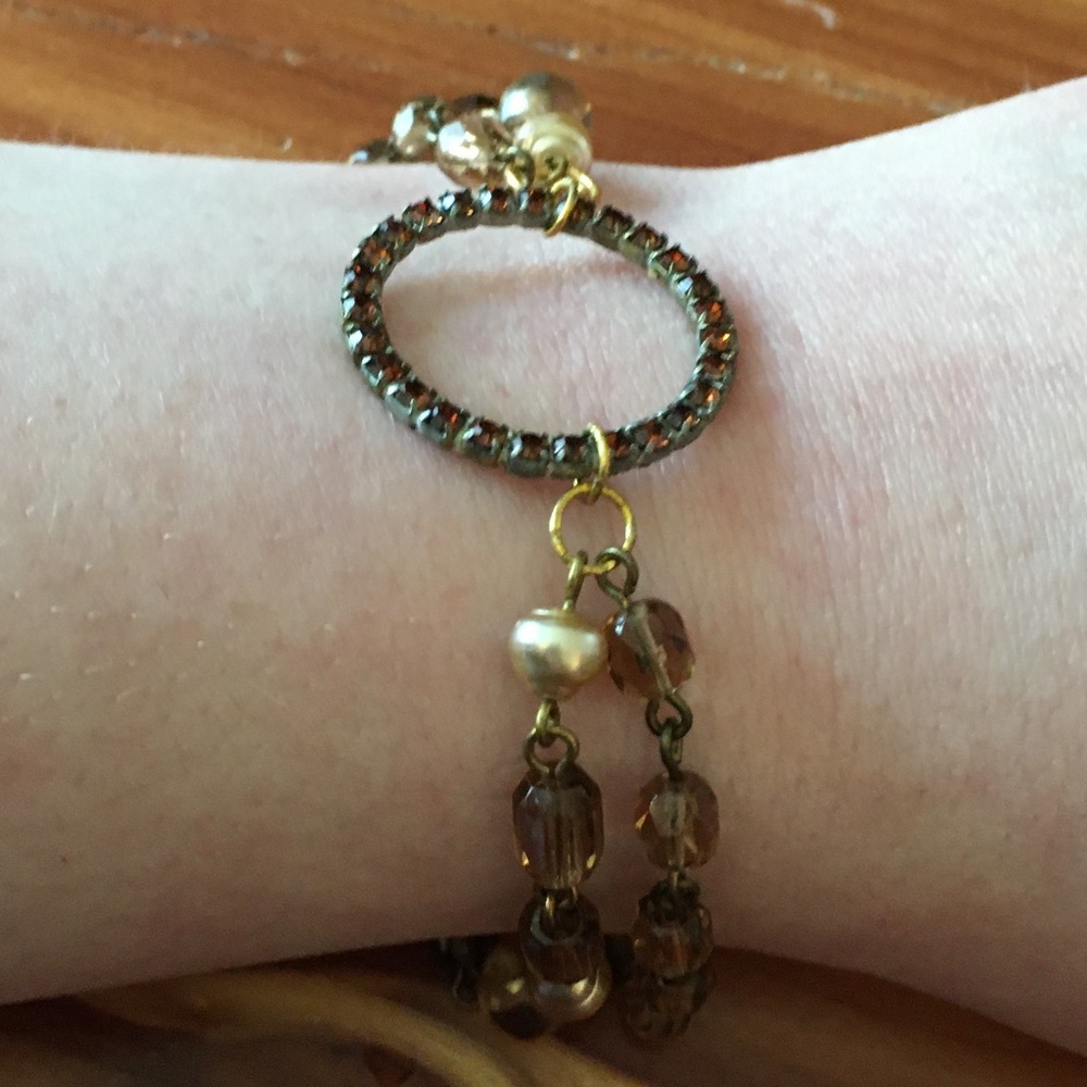 Handmade Brown Rhinestone Circle + Amber & Gold Beads Bracelet, Vintage Beads - Picture 4 of 8